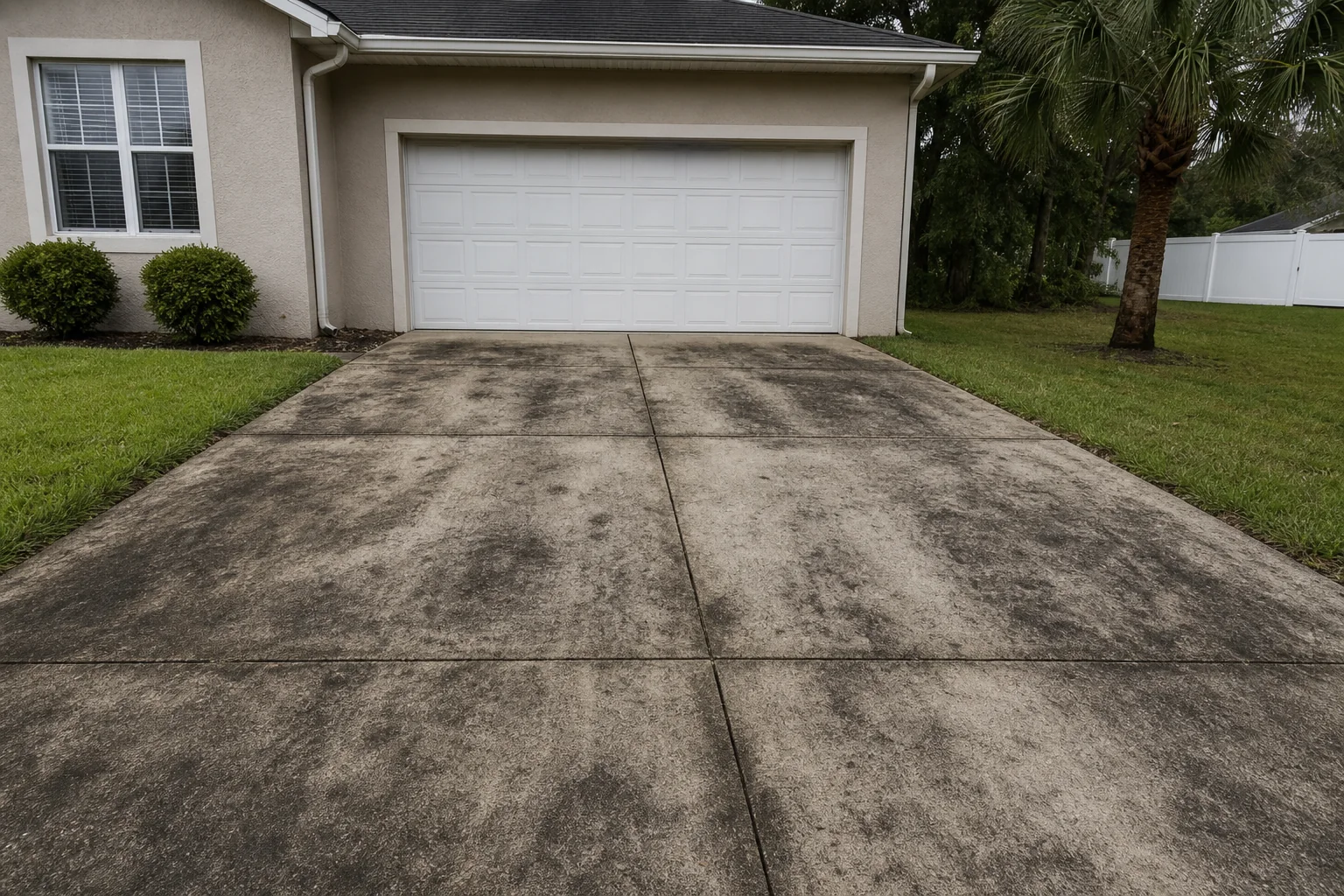 Before: dirty Jacksonville driveway with algae and dark staining on concrete