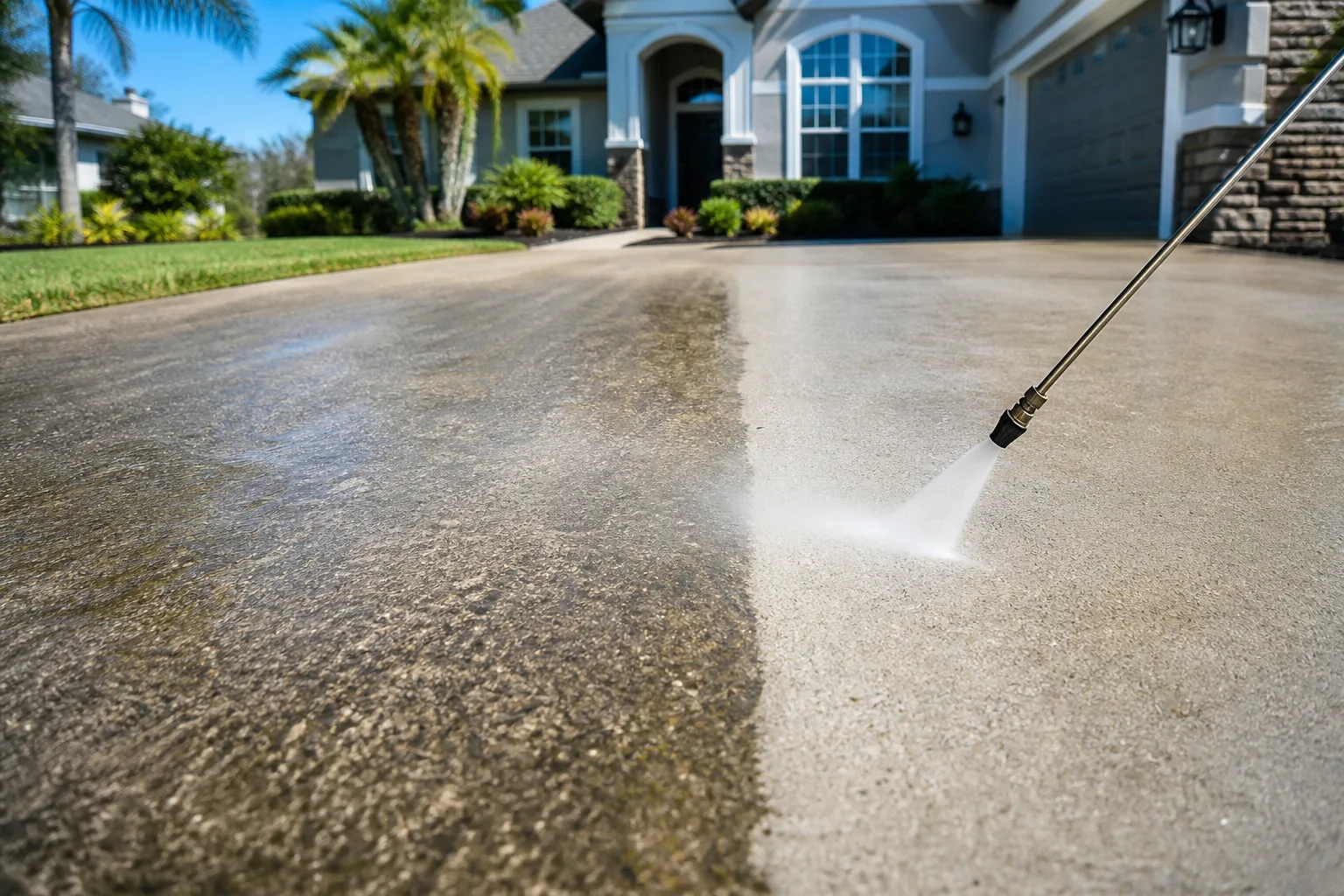 Pressure washing a Jacksonville concrete driveway with clean and dirty sections visible