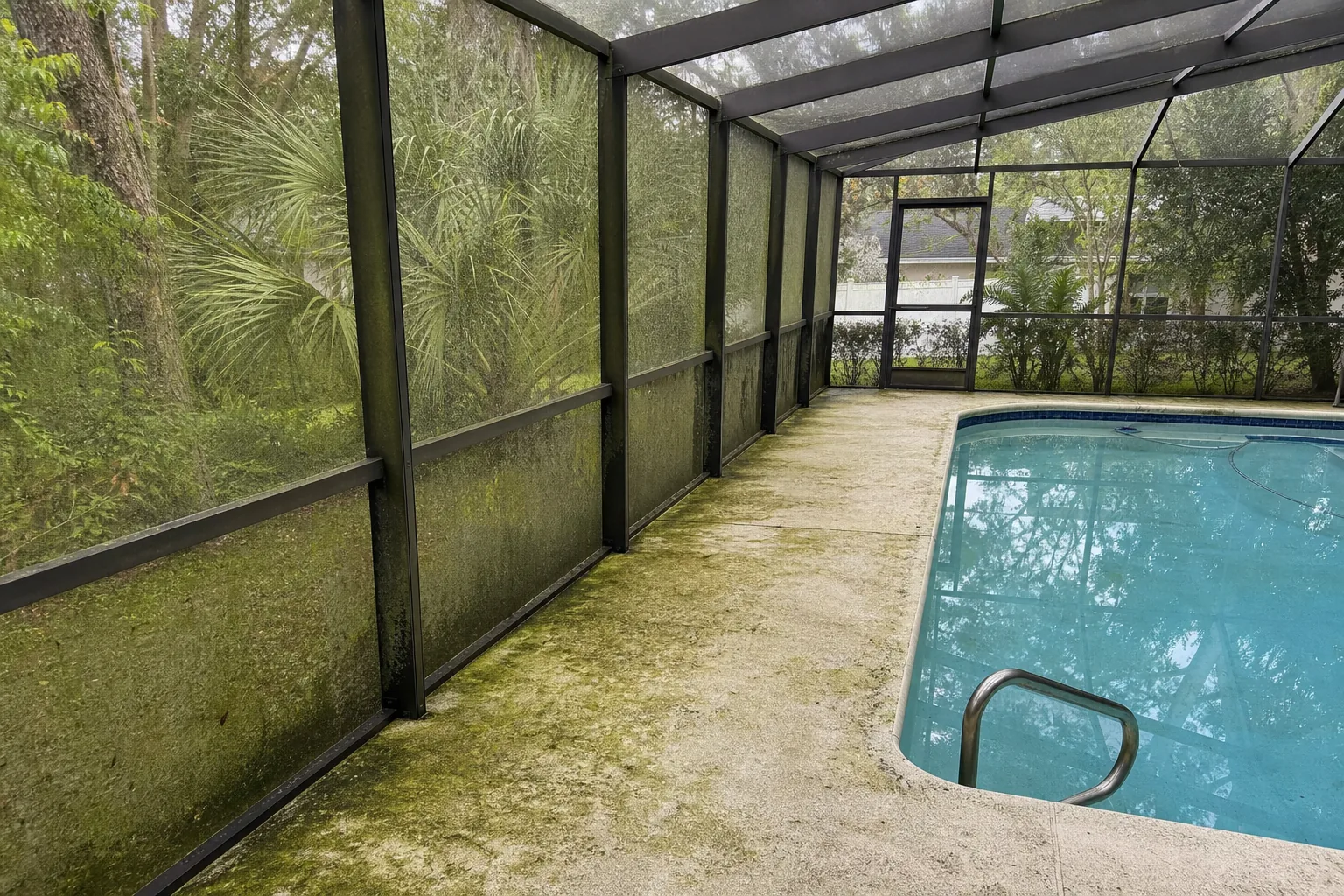 Before pool deck and screen enclosure cleaning in Jacksonville with algae film