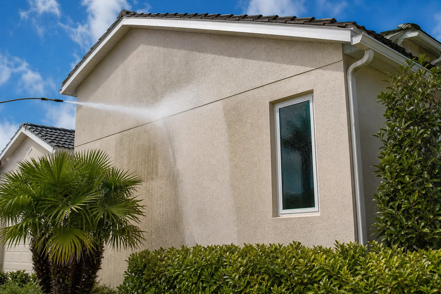 Low-pressure soft washing applied to stucco siding in Jacksonville
