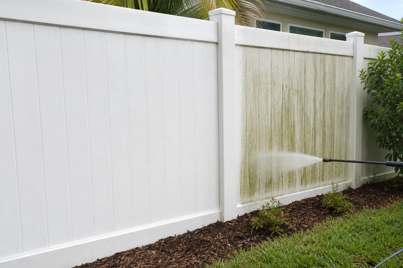Vinyl fence cleaning near landscaping